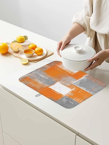 Miniatura 5 de Tapete de secado de platos naranja quemado para encimera de cocina, almohadillas de microfibra con bloques de color geométrico gris, pintura al óleo