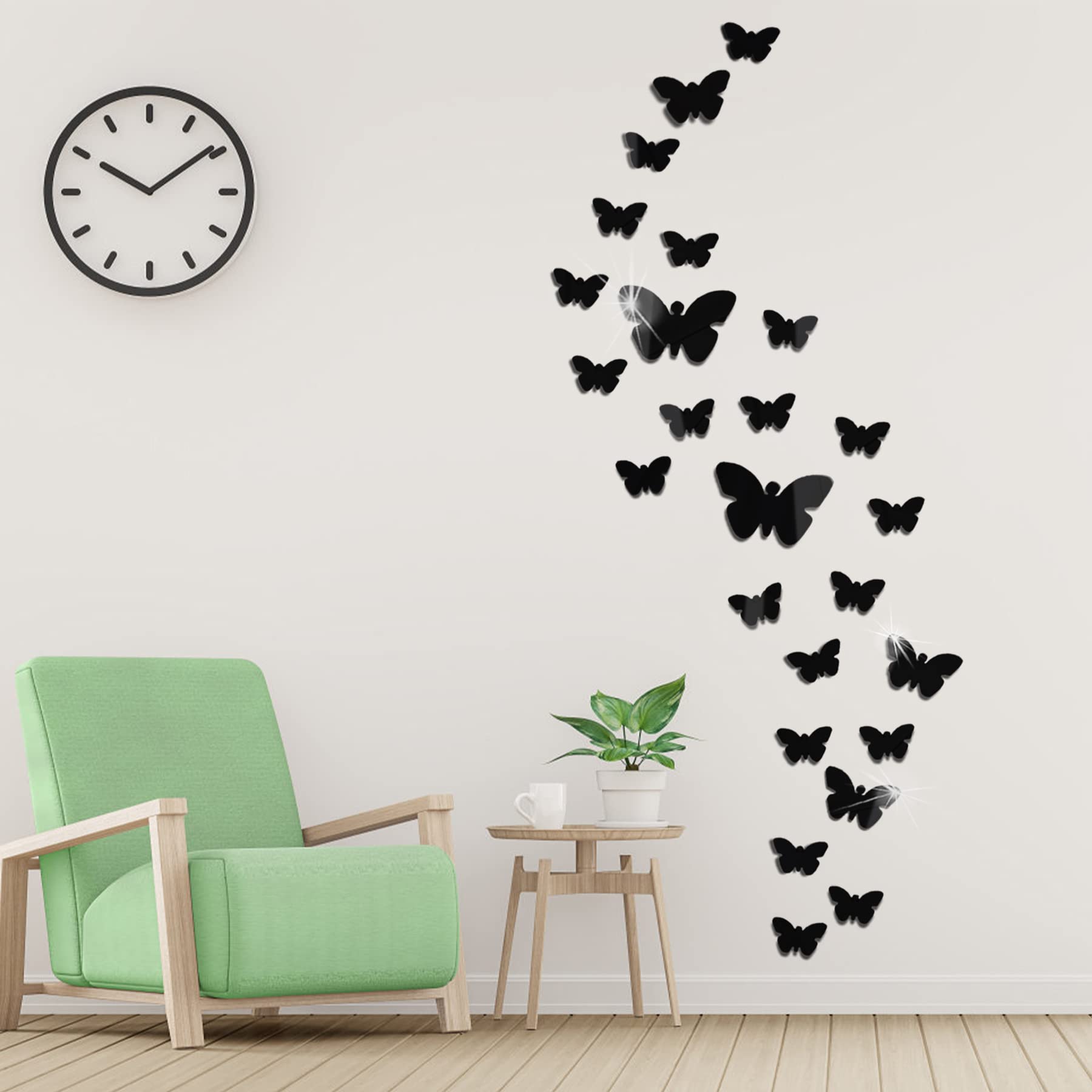 Adesivi Murali 3D Farfalle Specchio Tridimensionali - 25 Pezzi Acrilico Rimovibile Fai Dante Decorazione da Muro per Casa/Hotel/Salotto/Camera/Cucina (Nero)
