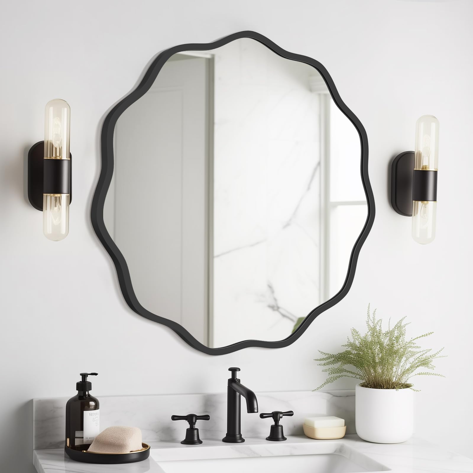 WallBeyond Round Wavy Mirror for Wall Decorative 24 inch, Modern Round Mirror Aluminum Frame for Bathroom Bedroom Living Room Home House Office Entryway, Black