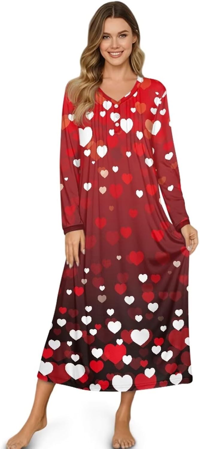 Women's Long Sleeve Nightgown V-Neck Loungewear Full Length Sleepwear Long Sleepshirts Soft Ladies Sleep Dress S-4XL
