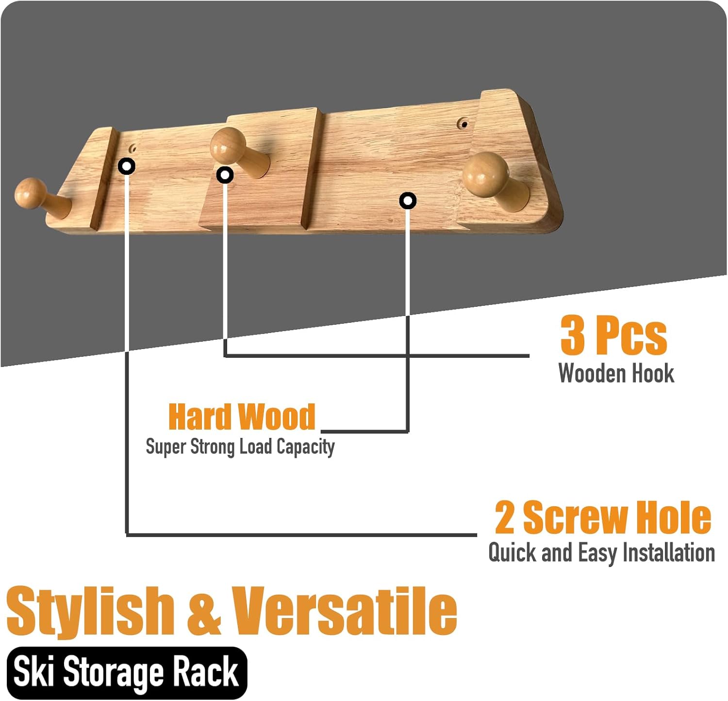 Tuiiopoli Ski Rack with 3 Wood Hook - Minimalist Oakwood Style Snowboard Wall Mount Storage Damage-Free Modern Floating Display Hanger for Home Garage Longboard Holder Vertical Medium