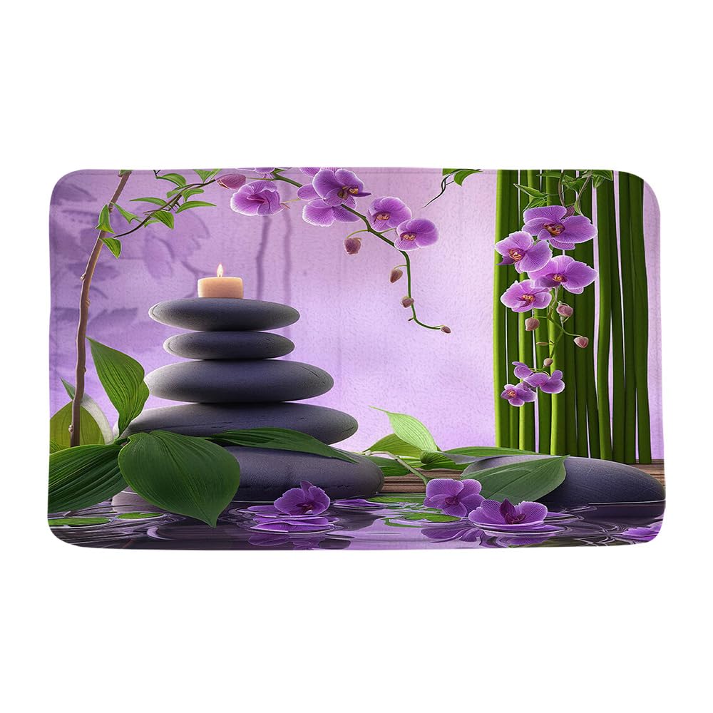 VPUPCN Zen Garden Bath Mat Purple Orchid Flower Green Bamboo Black Stone Spa Nature Asian Japanese Microfiber Memory Foam Bathroom Rug Doormat Kitchen
