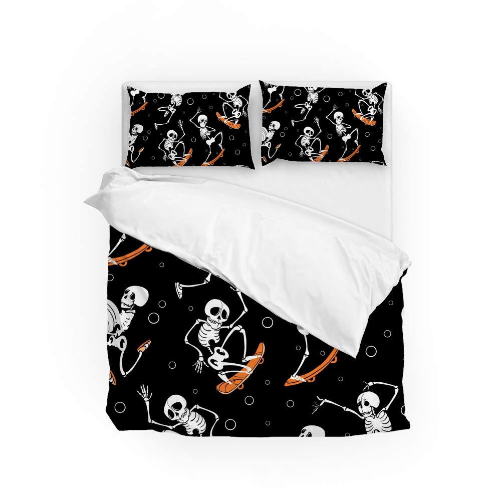 Housse de couette tête de mort orange et taie d'oreiller en polyester doux CHEHONG