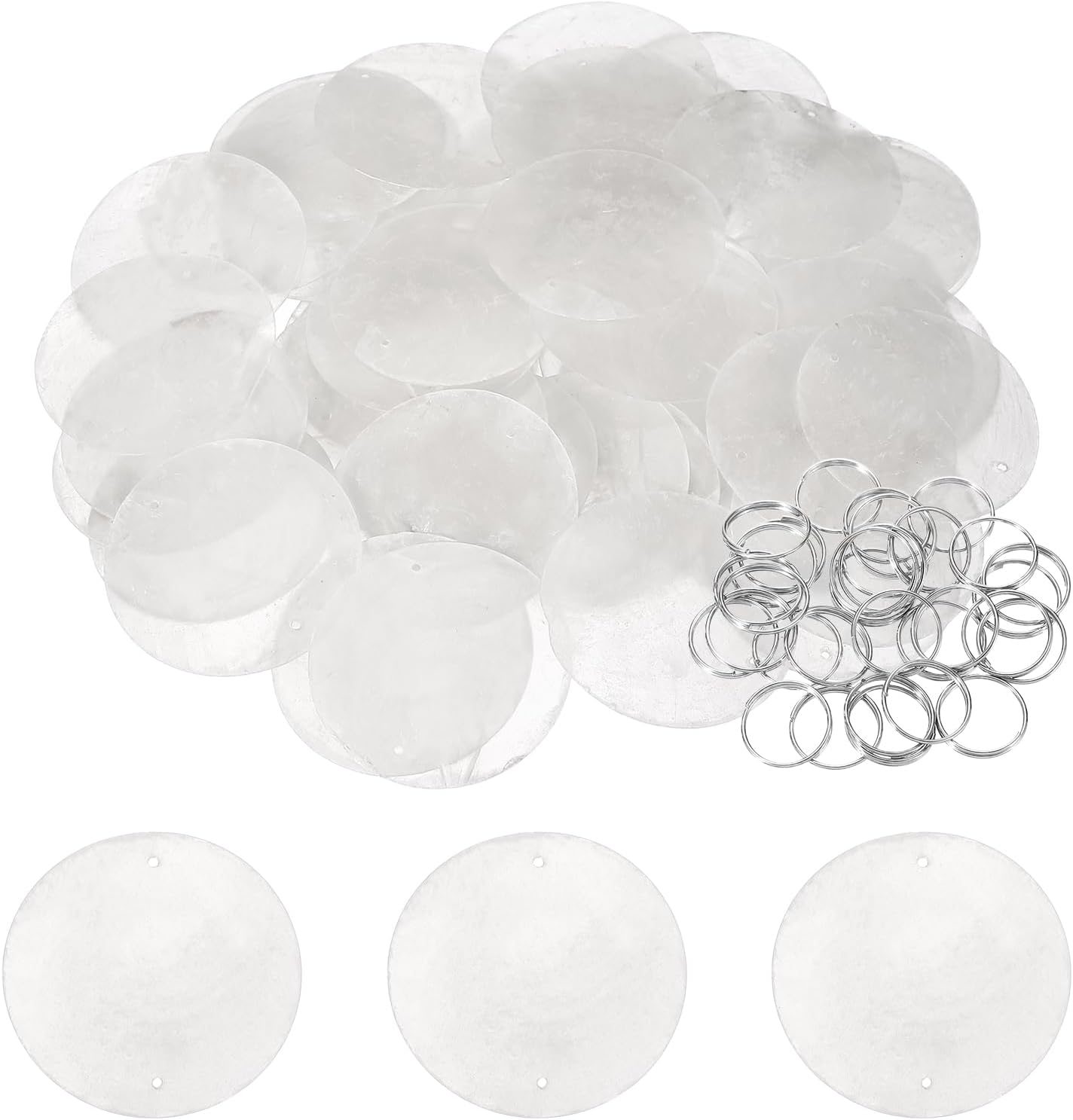 Round Capiz Sea Shells, 2" Shells for Crafting with Closed-end Ring Seashell Beach Real Seashells Fitting for (Wind Chimes Jewelry Making DIY Craft Decoration), 20Pcs&White
