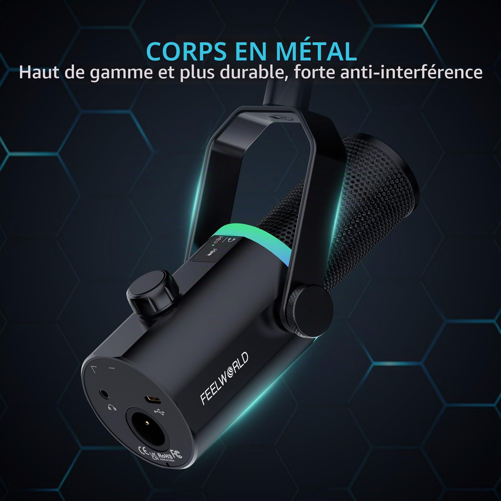 FEELWORLD PM1-AS USB/XLR Streaming Micro Gaming pour PC PS4 PS5, RGB Cardioïde Dynamique Microphone avec Support, pour Gaming, Podcasting, Broadcasting