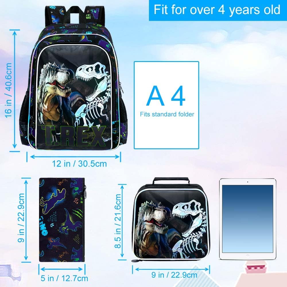 WZLVO 3PCS Dinosaur Backpack for Boys, 16" Cool UV Printing Kids Bookbag/School Bag with Lunch Box & Pencil Bag for Preschool to Elementary - T-Rex Bone