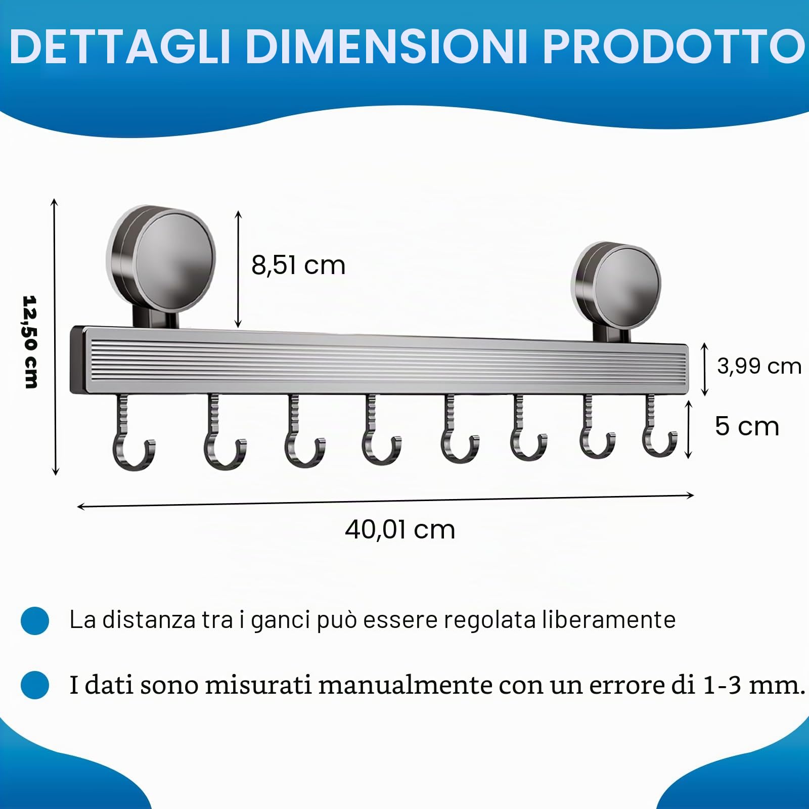Porta Utensili da Cucina con Ventosa | Lunghezza 40 cm, portata 10 kg, 8 ganci mobili | Barra da cucina per utensili da cucina, camera da letto, bagno