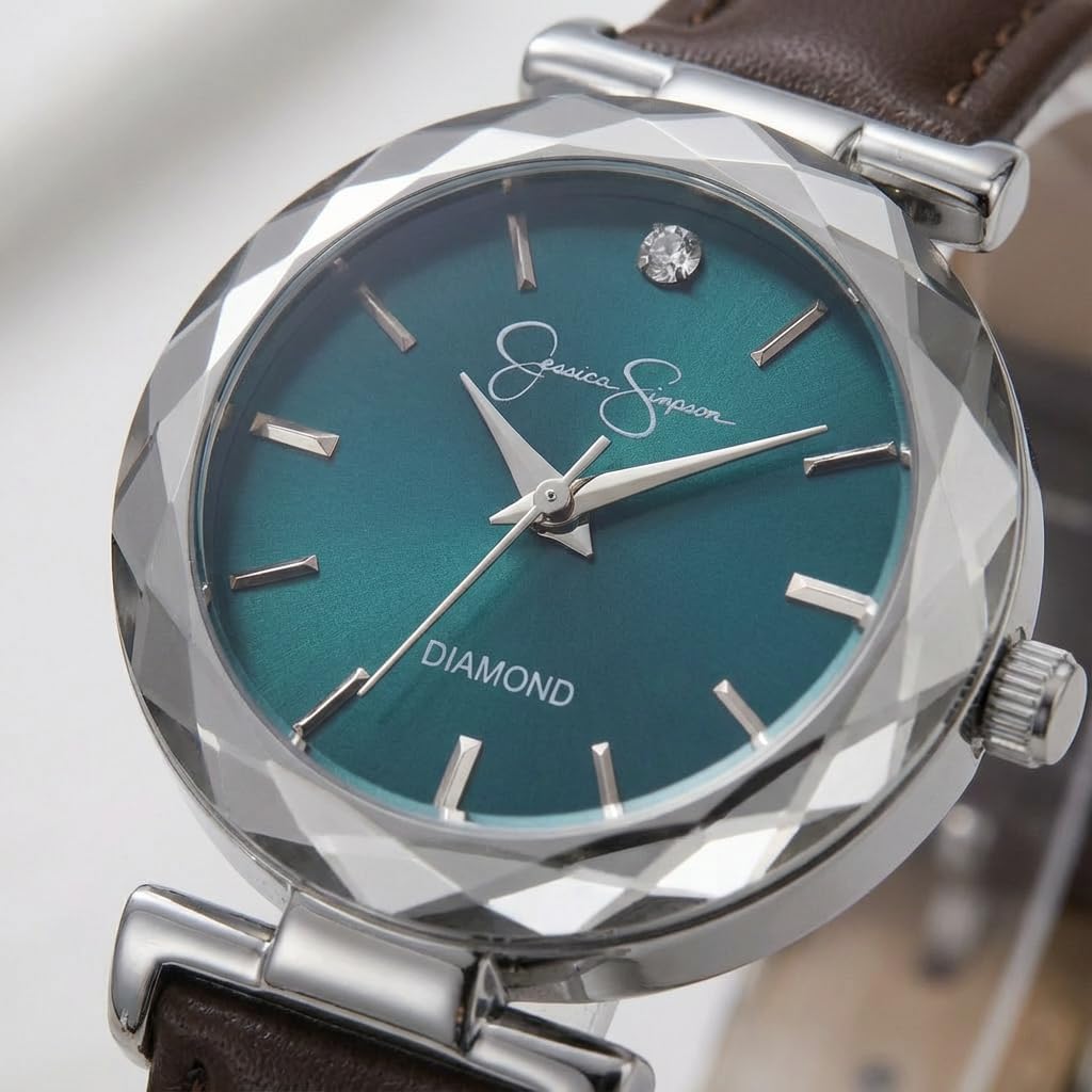 Jessica Simpson Diamond Collection Women's Watch, Classic Quartz, Leather Band, Round Faceted Crystal Face, Elegant Dress Watch for Women - Image 2