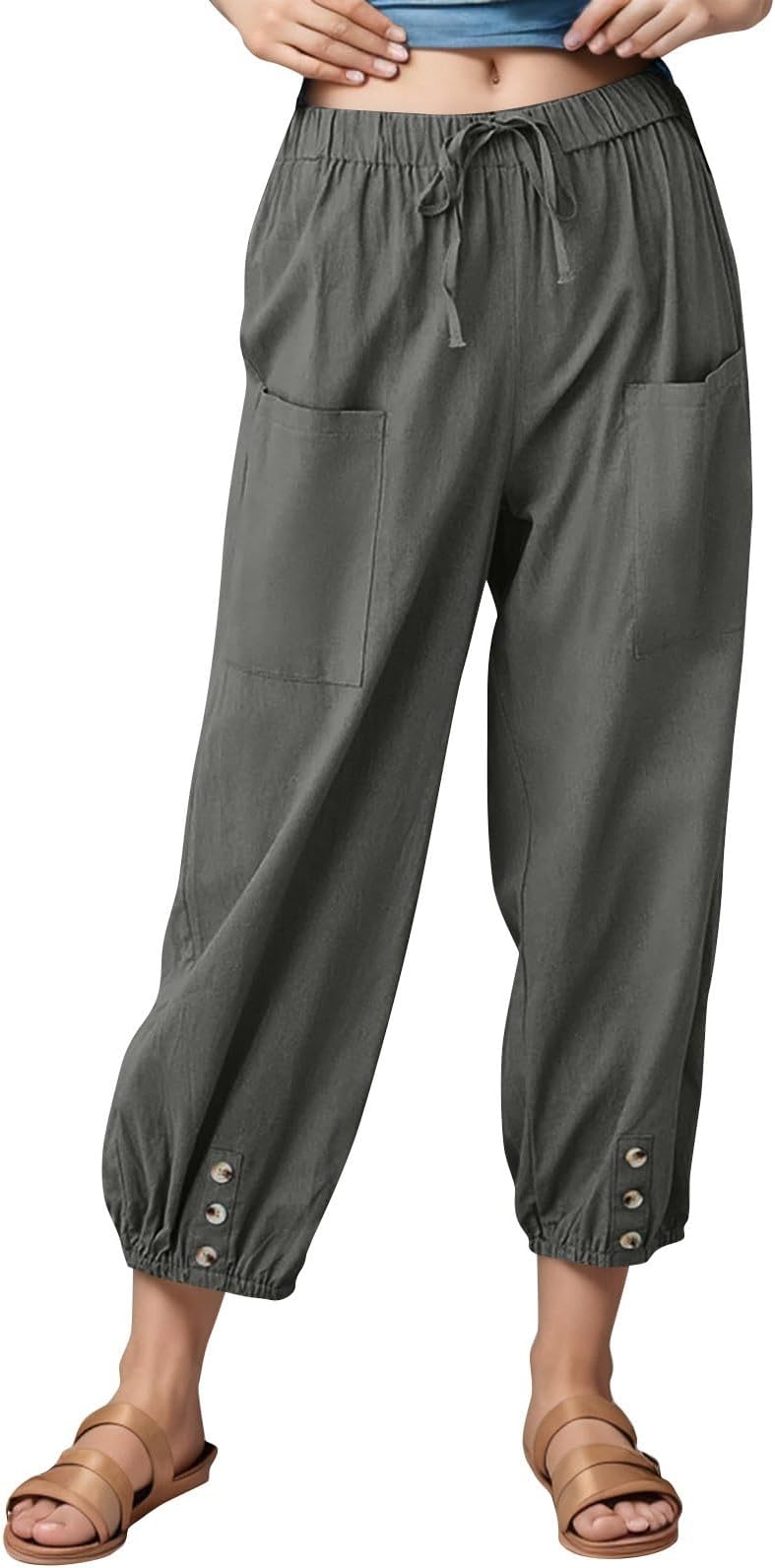 Linen Pants Women Capri Elastic Waist Drawstring Bottom with Button Cropped Pants Lantern Ankle Pants with Pockets