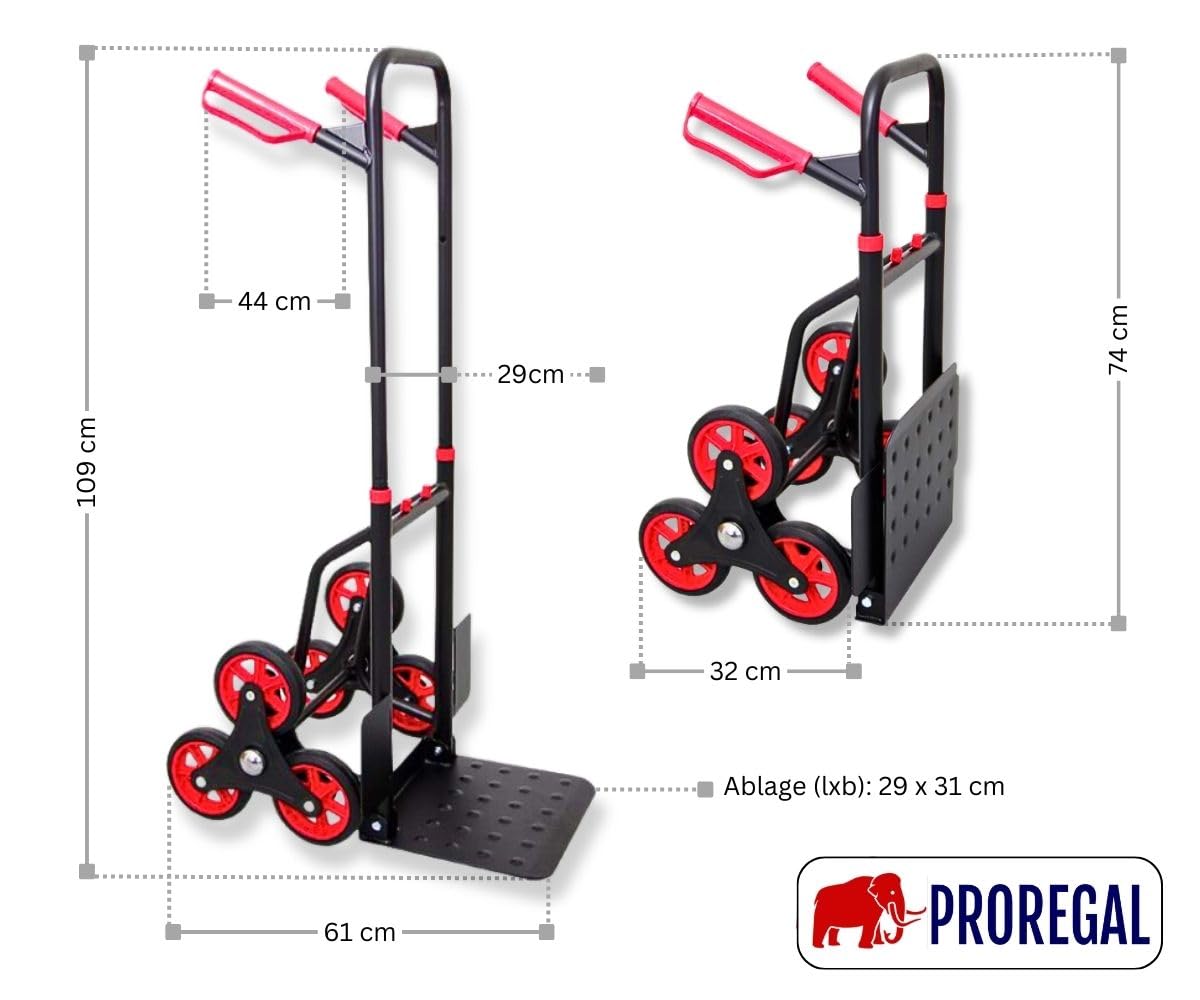PROREGAL Klappbarer Profi-Treppensteiger Taurus 150kg TÜV Zertifiziert pannensichere Vollgummibereifung 110x45x61cm Rot-Schwarz Sackkarre Transportkarre Staplerkarre