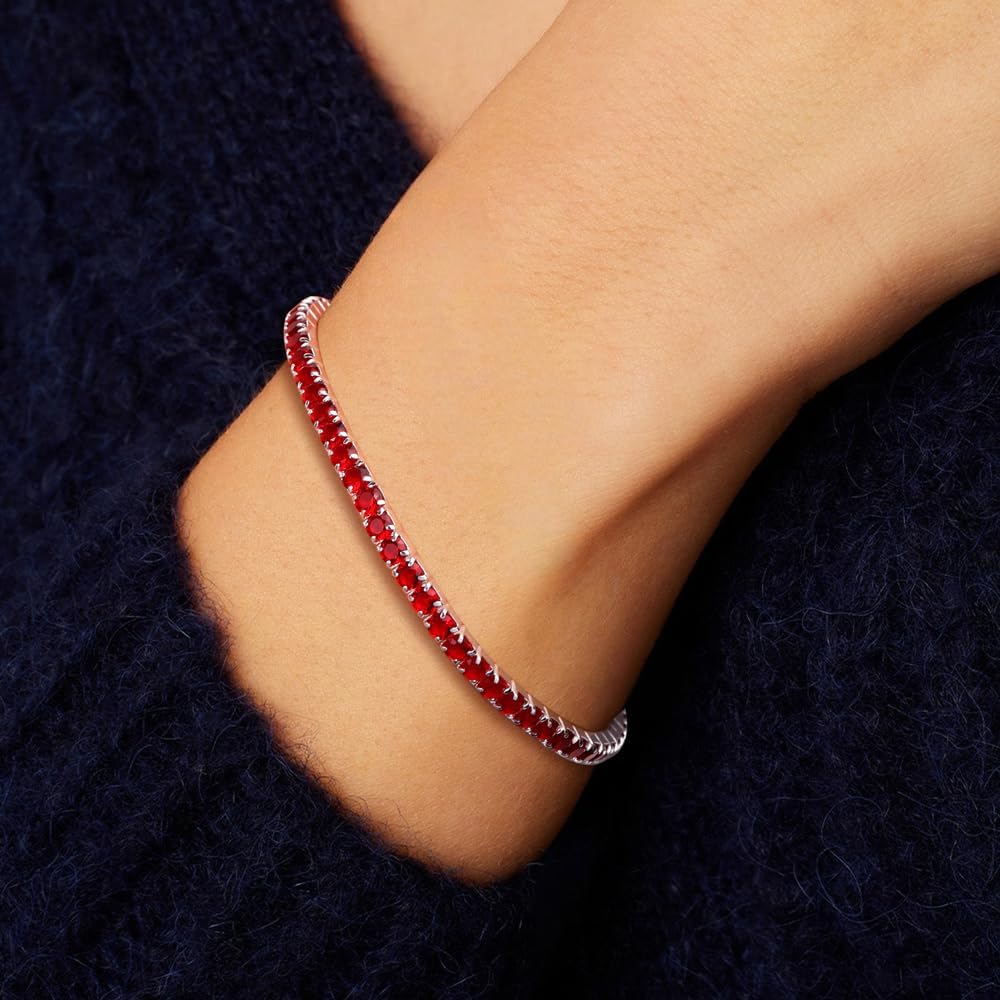 Cubic Zirconia Tennis Bracelet for Women Sterling Silver 3mm Round Created Ruby/Sapphire/Emerald Gemstone Birthstone Stretchy Bracelets Stack, 7.25-8 Inch