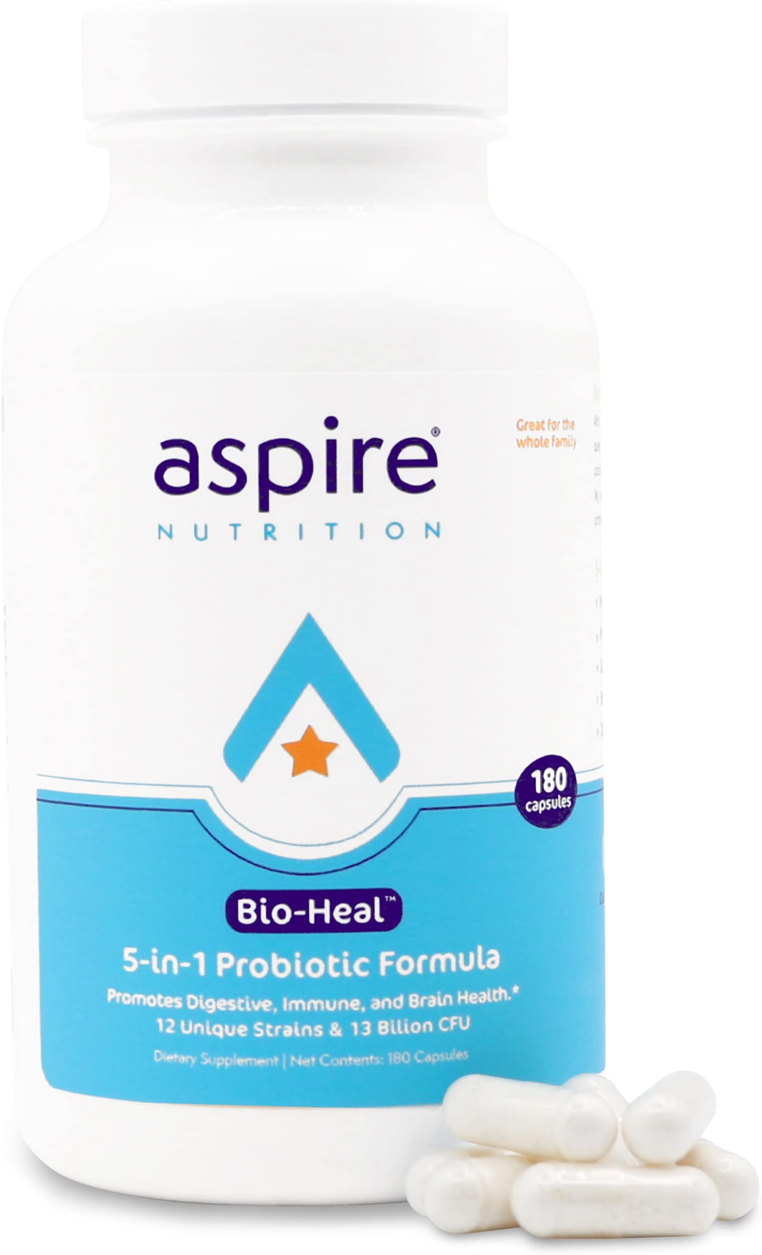 Aspire Nutrition 5-in-1 Bio-Heal® Probiotic for Kids, Men & Women - Best Supplement for Brain Function, Gut Health & Constipation - Shelf Stable & Fortified with Vitamin, Mineral & Prebiotic - Capsule