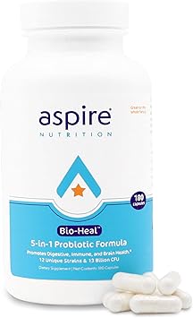 Aspire Nutrition 5-in-1 Bio-Heal Probiotic for Kids, Men & Women - Best Supplement for Brain Function, Gut Health & Constipation - Shelf Stable & Fortified with Vitamin, Mineral & Prebiotics Capsules