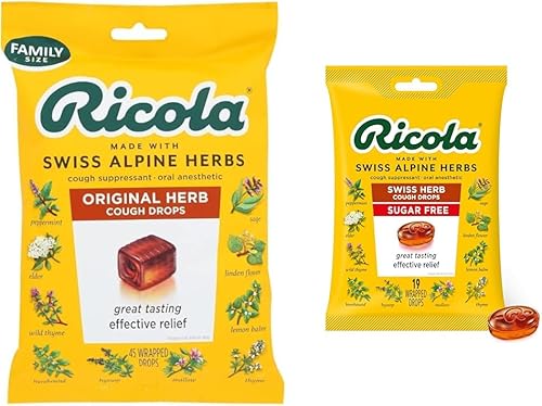 Ricola Paquetes originales de gotas para la tos de hierbas de 21 unidades y sin azúcar, 19 unidades