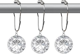Crystal Shower Curtain Hooks Decorative Clear Bling Rings Cute Girly Glitter Luxury Elegant White Rhinestones Diamond Bathroom Accessories Rust Resistant 12 Pack (White)