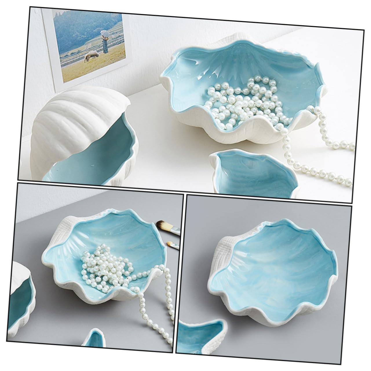Bandeja Organizador Creativo de Cerámica de Almacenamiento Forma de Concha Azul Multiusos para Joyas y Adorno del Hogar para Housewarming