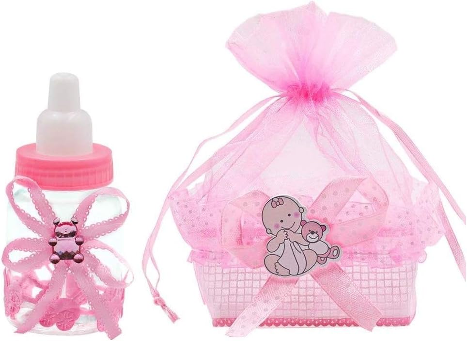 1st Birthday Party ,24Pcs Baby shower bottles with 24Pcs Organza baby shower candy bags for Baby shower party Supplies decorations favors,Pink,Noex direct (basket24old-1)