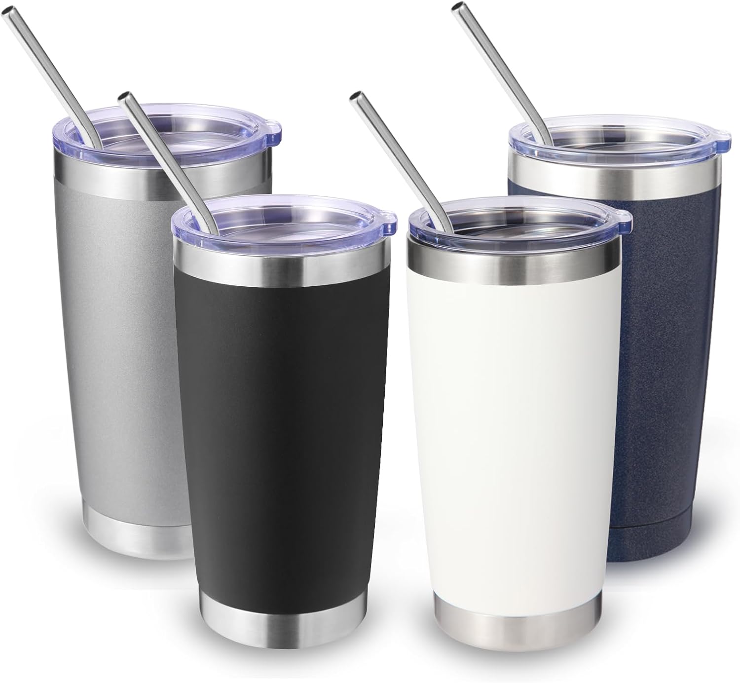 Volhoply 20oz Stainless Steel Tumbler with Lid and Straw Bulk 4 Pack,Double Wall Insulated Travel Iced Coffee Mug Fits Cup Holder,Powder Coated Cups for Hot/Cold Drinks,Gifts for Women(Mix,4 Set)