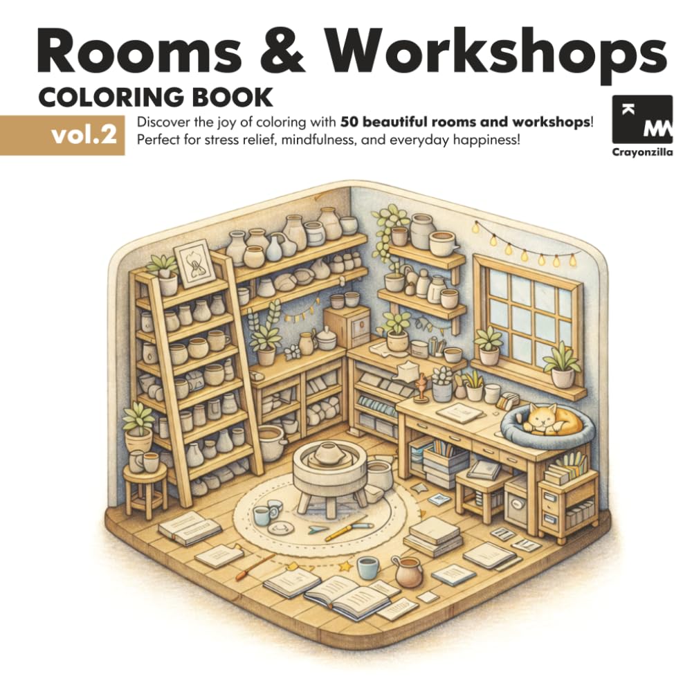 Rooms & Workshops Coloring Book: 50 Cozy Rooms & Inspiring Workshops to Color – Volume 2
