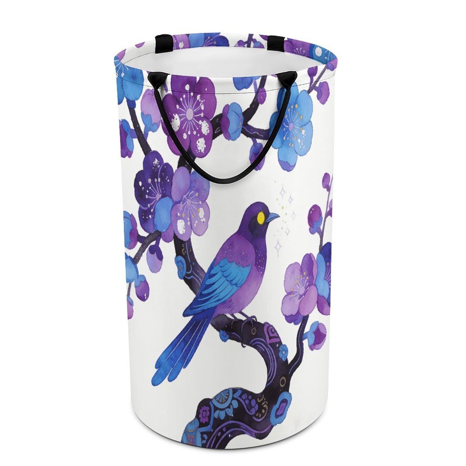 Purple Plum Blossoms Adorn Sparrows Laundry Hamper Waterproof Polyester Laundry Baskets Collapsible Dirty Clothes Storage Basket Clothes Hampers with Sturdy Handles for Travel Bedroom
