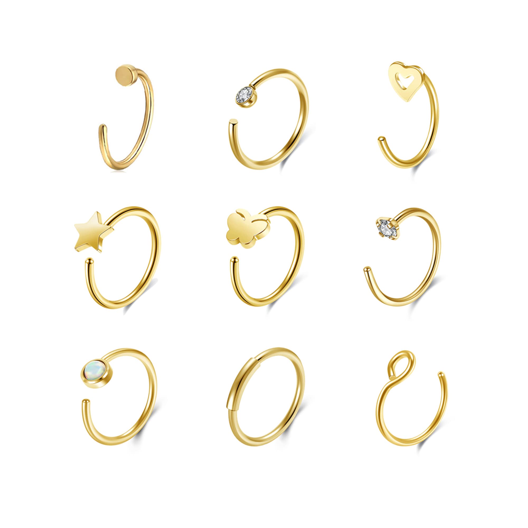 PiercingJakPiercing para nariz de oro con 9 piercings de nariz dorada, anillo de nariz de acero inoxidable, con brillantes, piercing para septum, tragus helix, cartílago, pendientes para mujer, talla única,