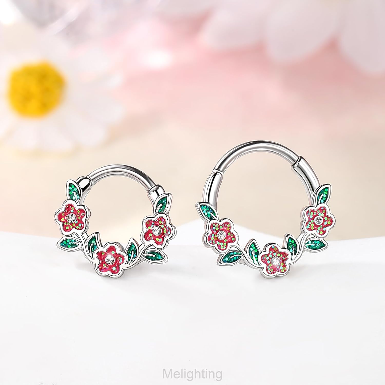 Melighting 16G Flower Septum Ring,Rose Daith Piercing Jewelry, Stainless Steel 316L Septum Clicker Clear CZ Opal Cartilage Lobe Earring For Women 8/10 mm - Image 6