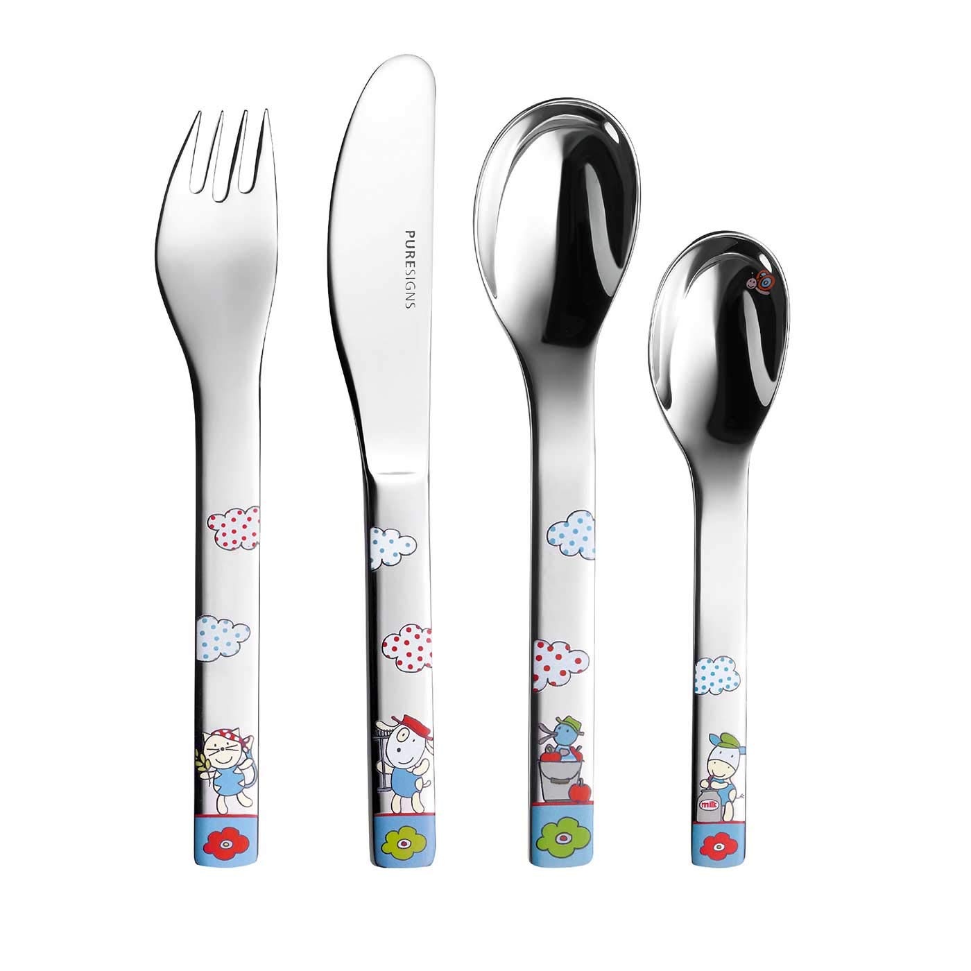 Puresigns Kindergeschirr Set FERME - Bezauberndes 7-teiliges Geschirrset im Bauernhof-Look für Kinder - kindgerecht & spülmaschinenfest Fantasievolles Besteck für kleine Entdecker