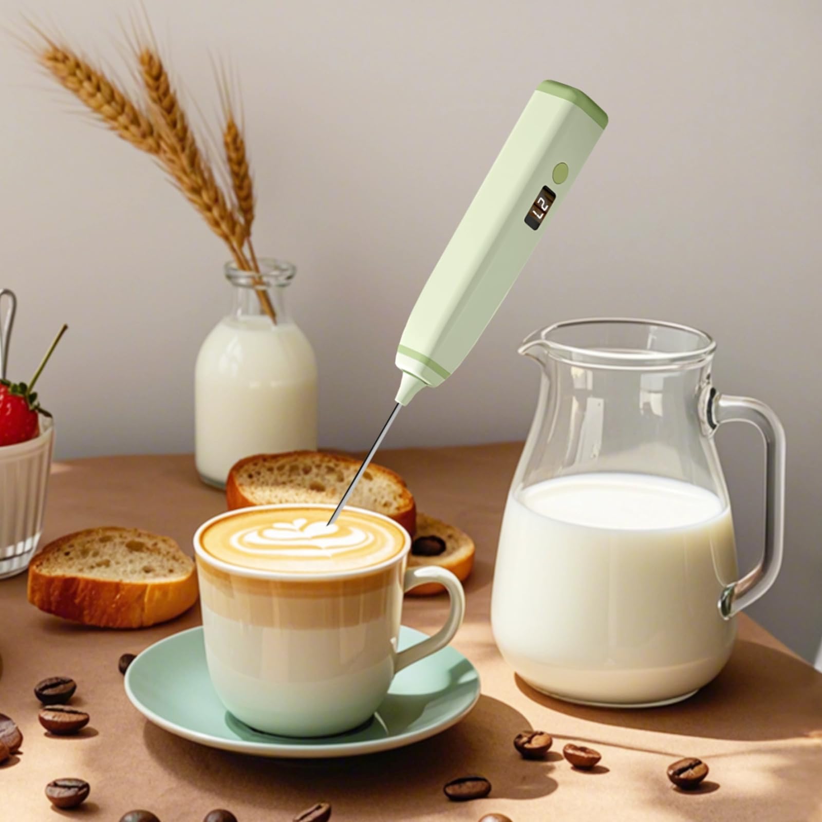Montalatte portatile, senza fili, elettrico, per caffè e cottura, batteria integrata, display a LED, ricarica USB, include testa extra, design compatto nero, facile da trasportare