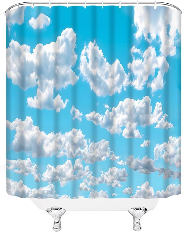 Blue Sky White Cloud Shower Curtain Natural Landscape Scenery Fabric Bathroom Decor Set with Hooks,(78" Wx70 H)
