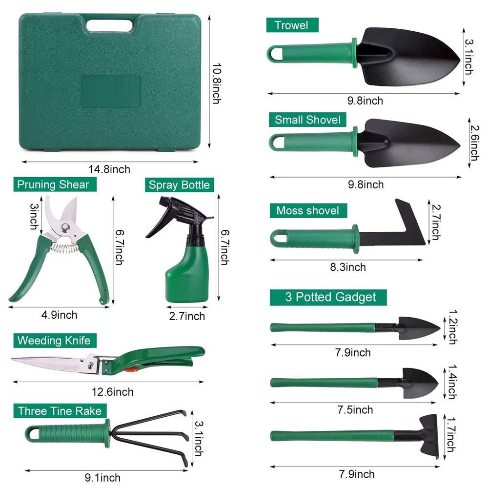 Set di attrezzi da giardino da 10 pezzi in acciaio inox con valigetta organizer, set da giardinaggio ad alte prestazioni con cesoie da giardino, rastrello, pala grande e piccola, spruzzatore, forbici
