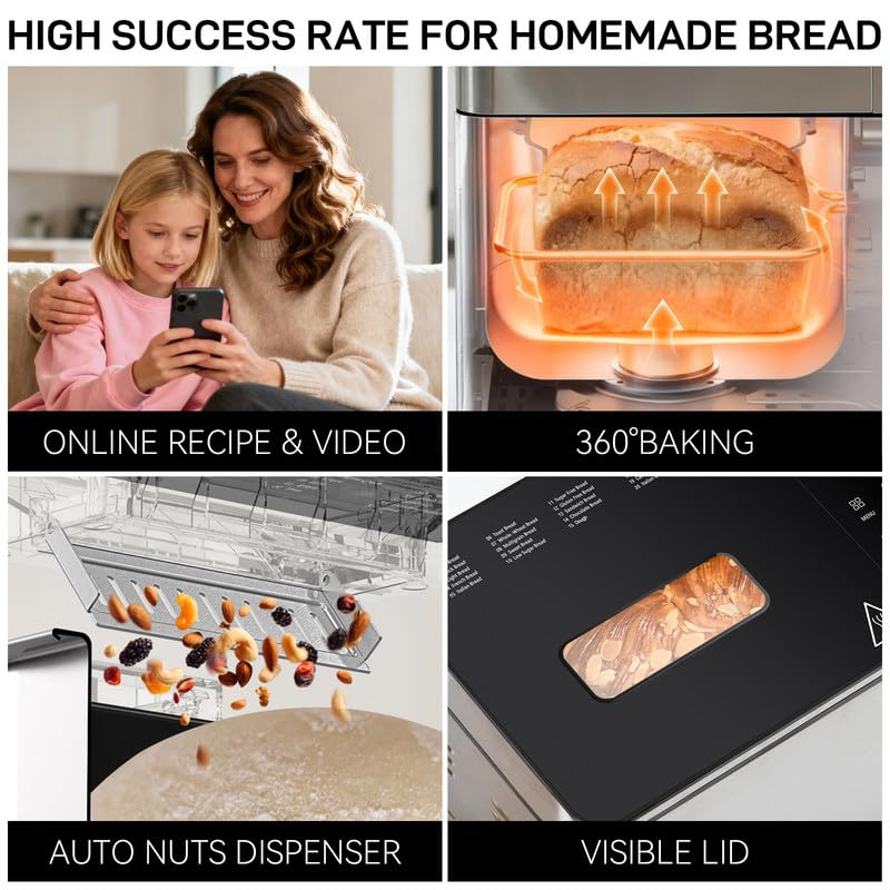 Image of MERIOR 25-IN-1 Bread Maker with Visible Lid | 2lb Automatic Machine, Auto Nut Dispenser, 13-Hour Delay Timer, One-Touch Control & Recipes - Easy Operation, High Success for Homemade Bread. Light Gray
