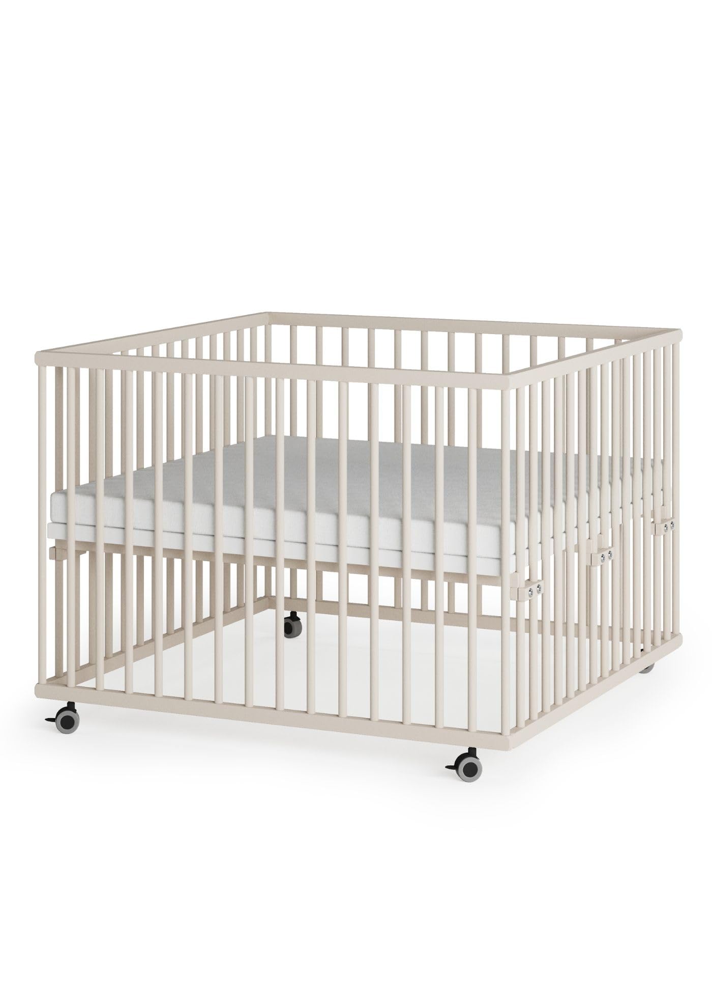 Sämann Baby Laufstall aus Holz I Baby Laufgitter 100x100 cm Sahara Dust I Inkl. Matratze Cloud Air I Robuster & höhenverstellbarer Laufstall aus Buchenholz I Mit gummierten Rollen & TÜV geprüft