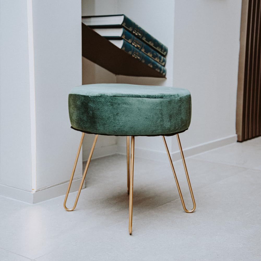 Pouf poggiapiedi in velluto - Rotondo - Elegante - Sgabello imbottito - Gambe dorate - verde bosco - Pronta consegna
