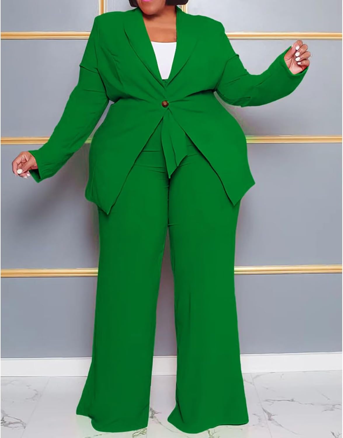 IyMoo Plus Size Suits for Women Business Open Front Long Sleeve Blazer Elastic Waist Solid Straight Leg Pant Set Suits - Image 2