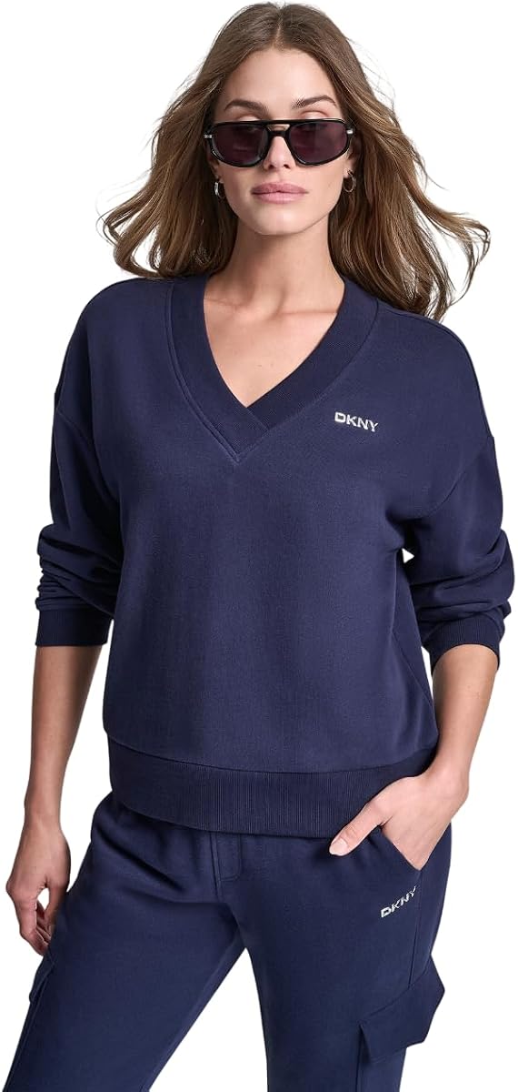 DKNY Women's Metallic Bubble Logo V-Neck Pullover