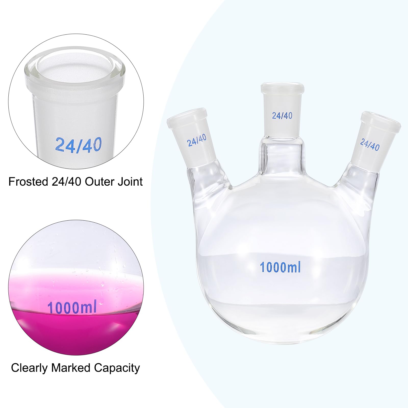 PATIKIL Fiaschetta per ebollizione da 1000 ml, in vetro borosilicato 3.3, con fondo rotondo a 3 colli, fiaschetta da parete pesante con giunto esterno conico standard 24/40, per laboratorio