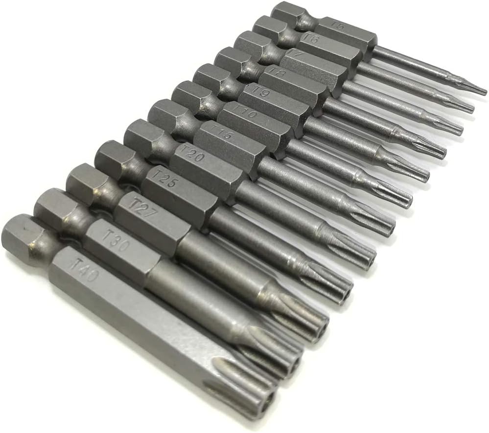 YDLQWCZ Torx Head Screw Driver Bit 12 Pcs Security Torx bit set T5 T6 T7 T8 T9 T10 T15 T20 T25 T27 T30 T40 Size 2 inch Length 1/4 Hex Shank S2 Steel Magnetic Star 6 Point Screwdriver bit set