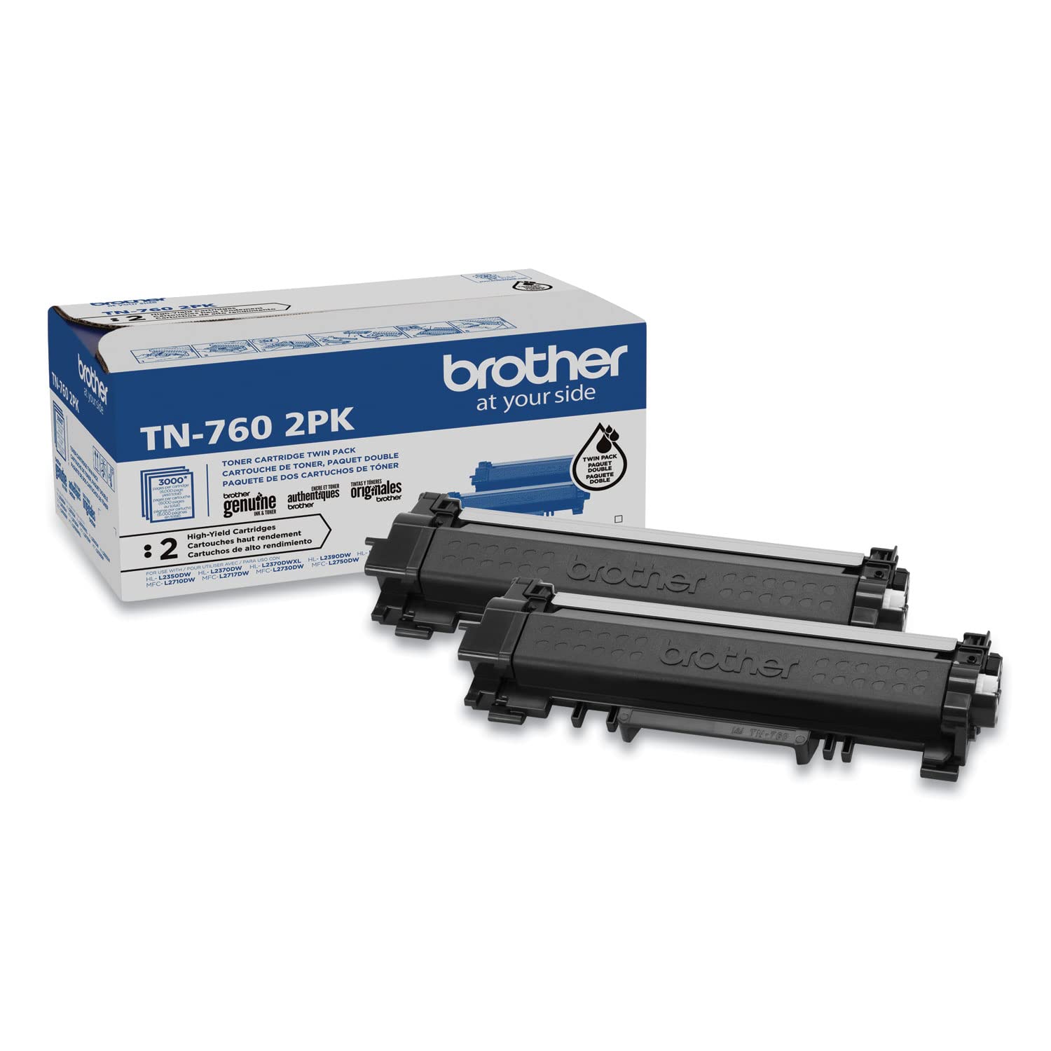 Photo 1 of Brother Genuine High-Yield Black Toner Cartridge Twin Pack TN760 2Pk, TN7602PK,2 Pack