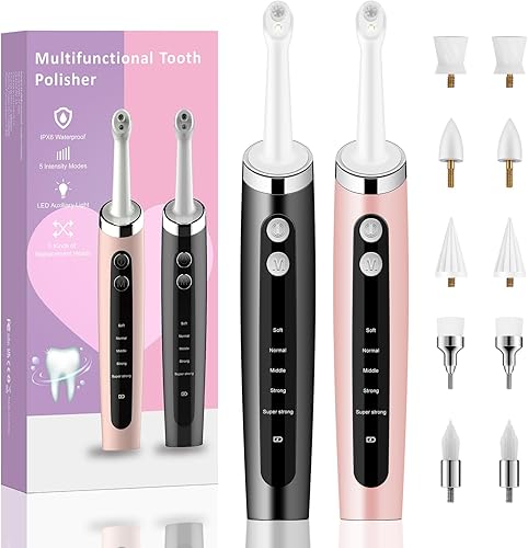 Juego de 2 pulidores de dientes recargables para limpieza diaria, blanqueamiento y pulido, pulidor dental eléctrico con luz LED, 5 cabezales de