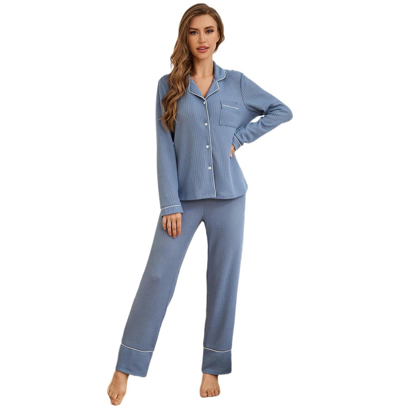 Pigiama Donna Cotone Autunno da Donna Autumn E Inverno A Maniche Lunghe Pantaloni Lunghi Pantaloni in Due Pezzi di Pigiama-hf13-blu-l