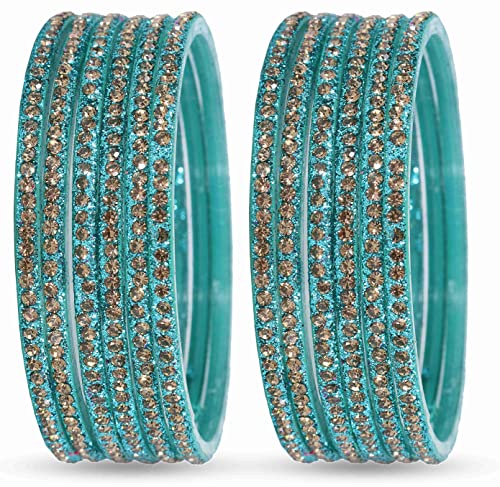 Image of NMII Glass with Zircon Gemstone and Beads Studdded Glossy Finished Traditional Bangle Set For Women and Girls