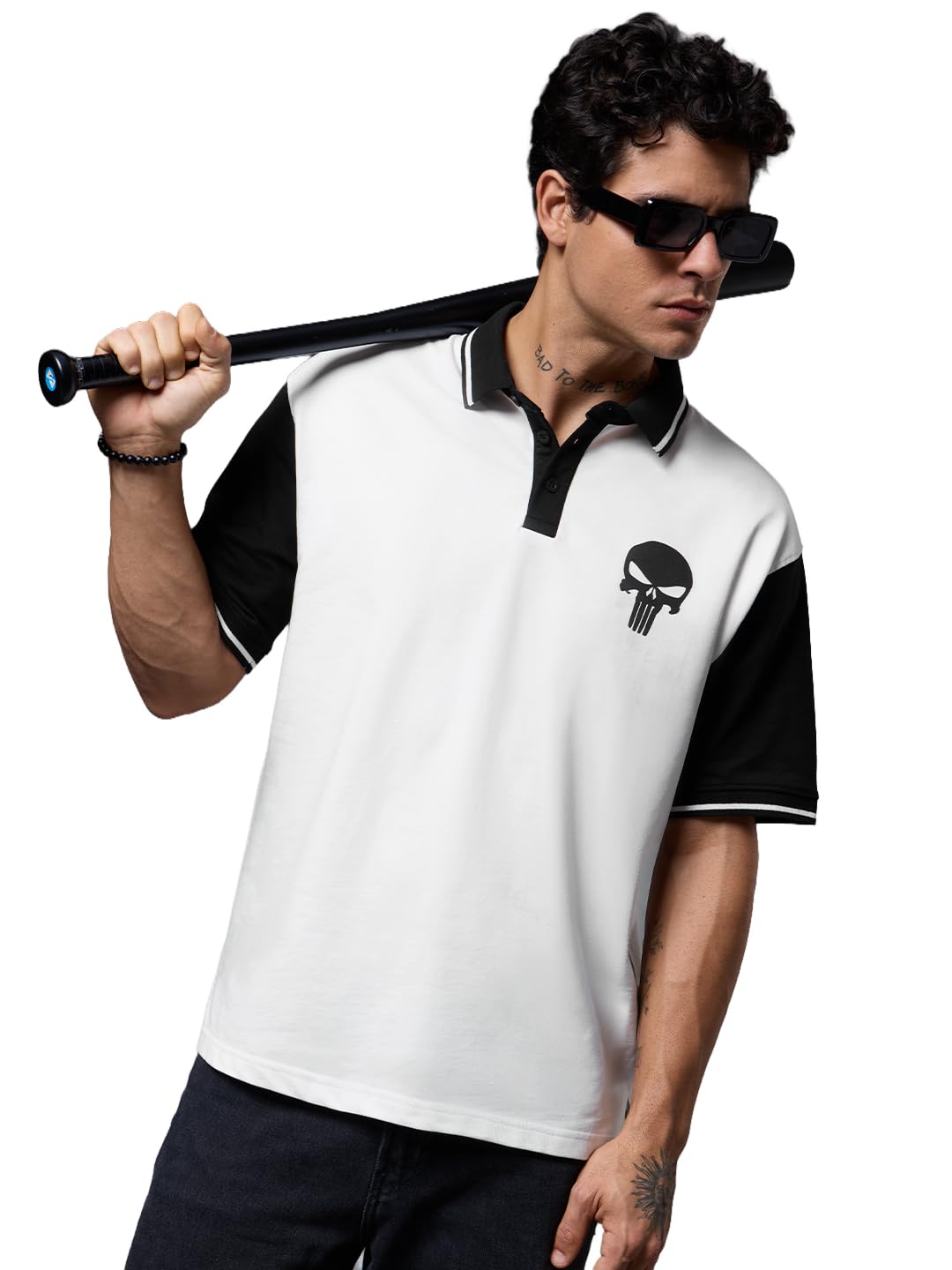 the souled store | Official Punisher: Logo Mens and Boys Polos|Half Sleeve|Regular fit Graphic Printed| 100% Cotton White & Black Color Oversized Polos-picture-23