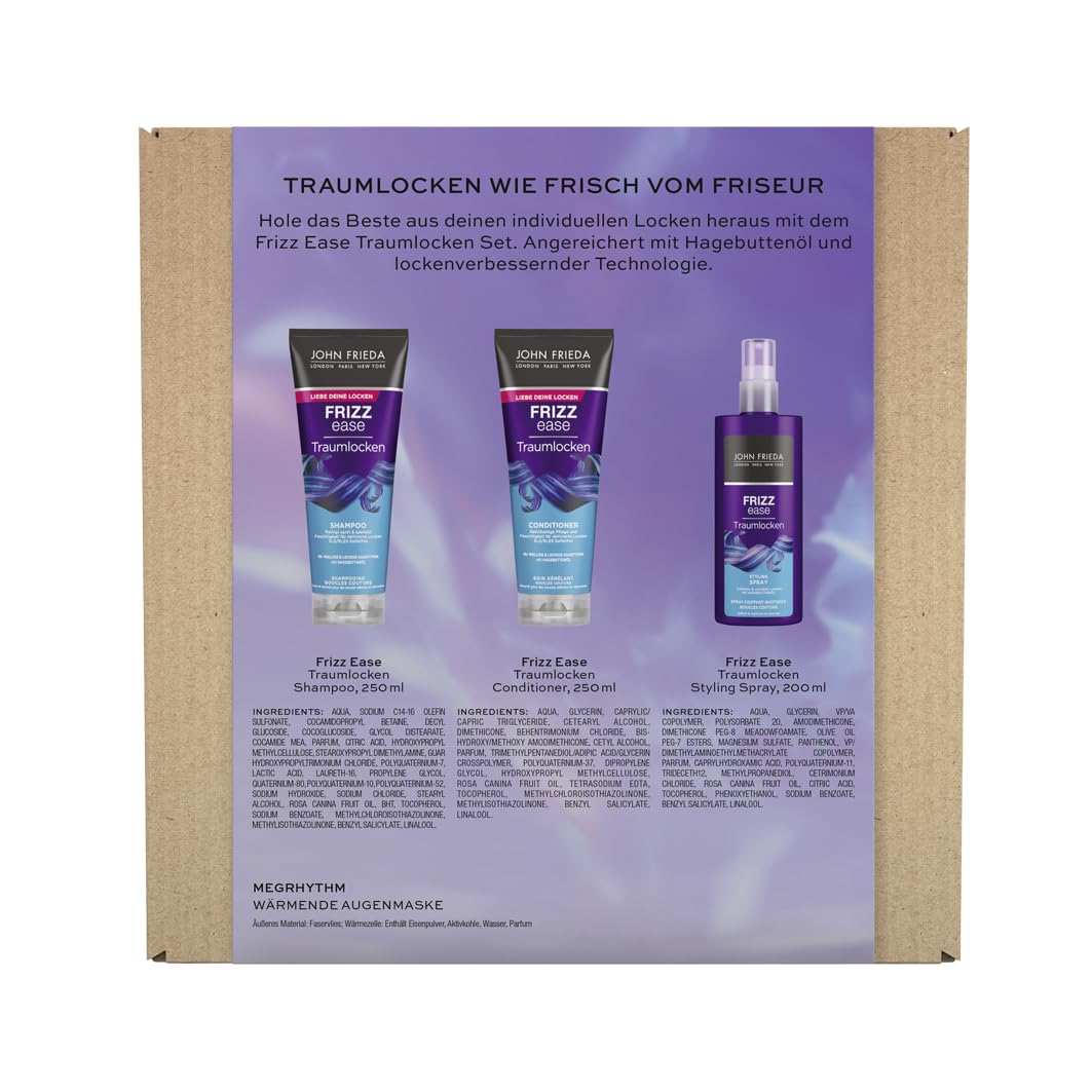 John Frieda Traumlocks zestaw korzyści do kręconych włosów – szampon, odżywka, spray do stylizacji i maska na oczy MegRhythm gratis – do zamachu i włosów – nawilża włosy