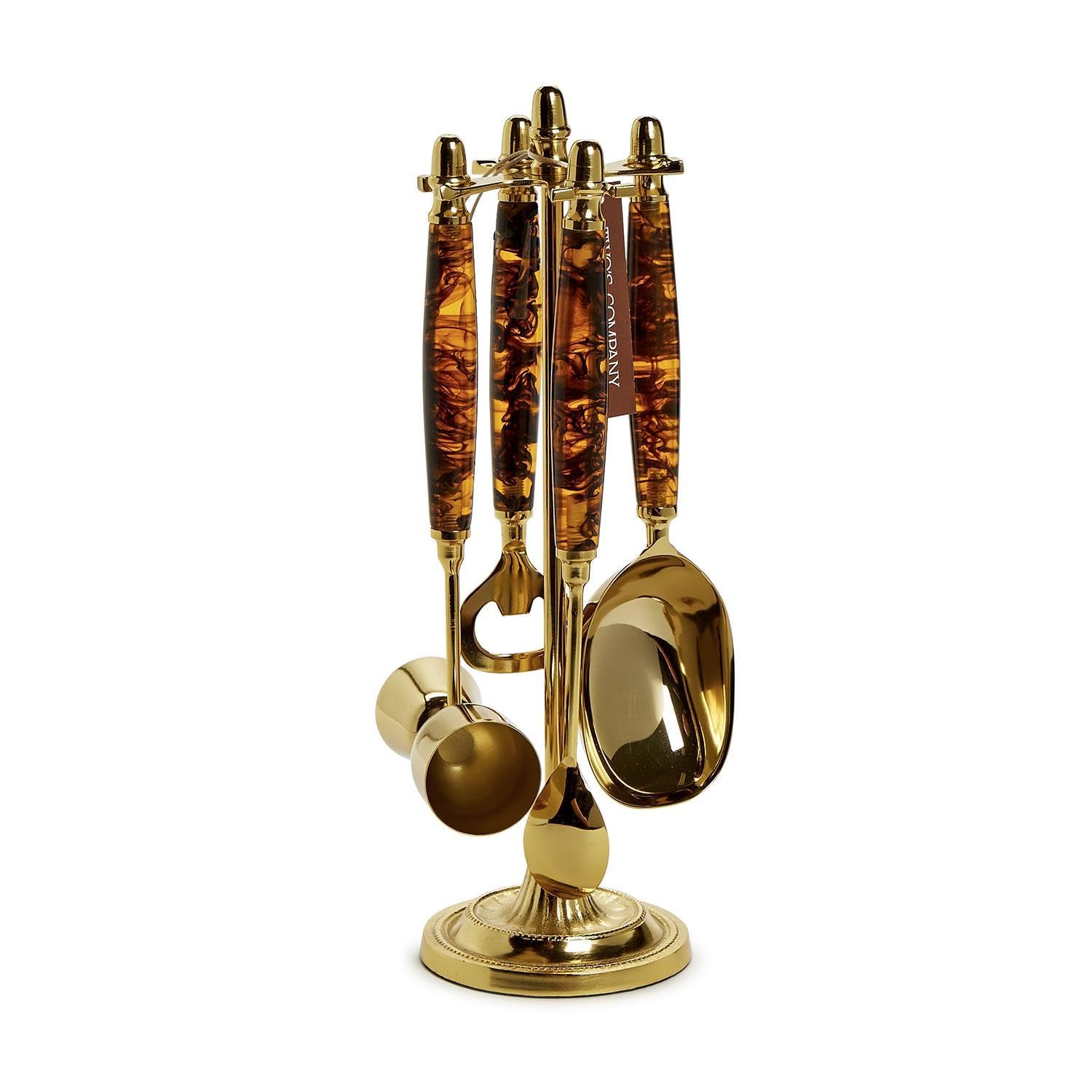 Two's Company 4 Piece Tortoise Print Bar Set with Stand, Includes Bottle Opener, Scoop, Spoon and Jigger, Stainless Steel and Resin, 54917