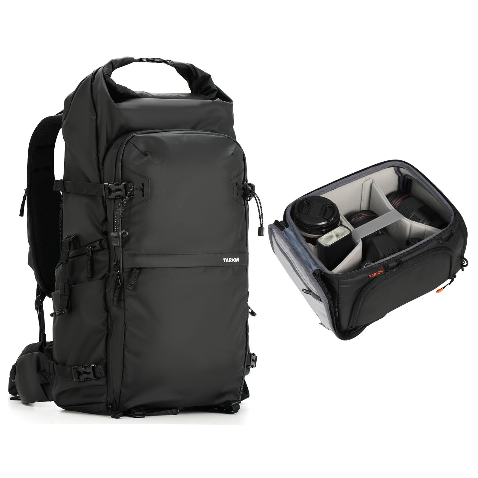 TARION Bundle-2 items: Expandable Rolltop Camera Bag XProber (35L), Padded Camera Insert Bag Fits 1 Camera and 5 Lenses ShellCore S (7.4L)