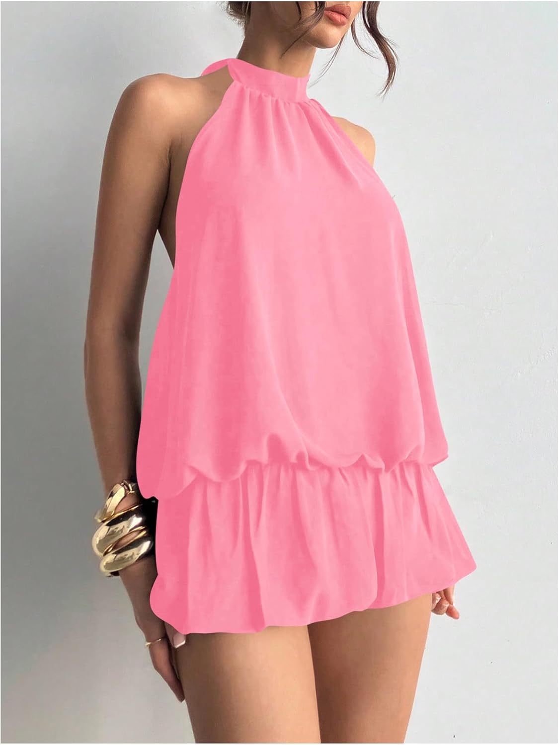 Floerns Women's Y2k Summer Halter Dress Tie Open Back Sleeveless Ruffle Hem Bubble Going Out Mini Dresses - Image 4