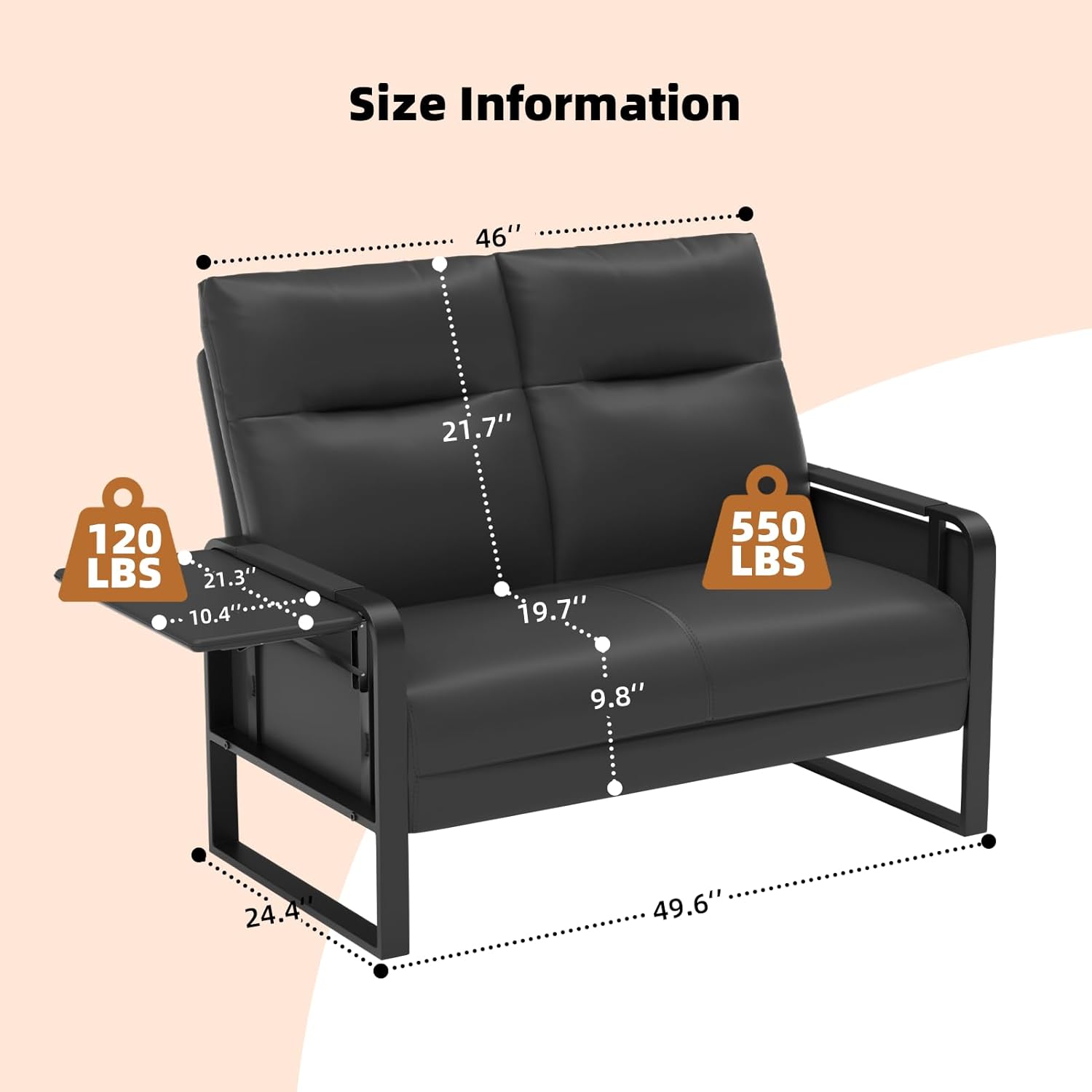 Small Loveseat Sofa with Side Table & Metal Legs, Upholstered Faux Leather Loveseat for Small Spaces, Couch for Living Room, Reading, Office, Bedroom (Black)
