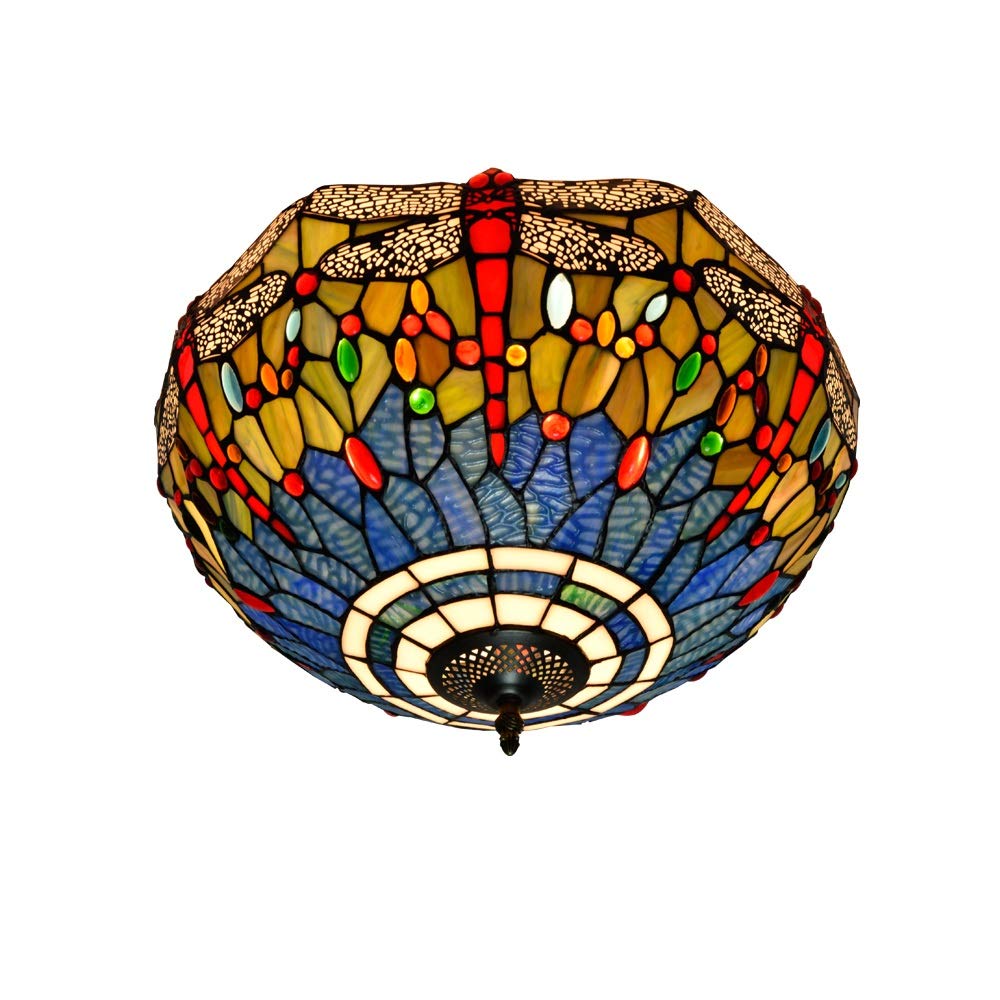 HPTHLY Stained Glass Ceiling Lighting 40Cm Tiffany Stained Galss Ceiling Lamp Dragonfly Glass Fixture Indoor Ceiling Lamps And Lanterns For Bed Aisle Balcony Kitchen