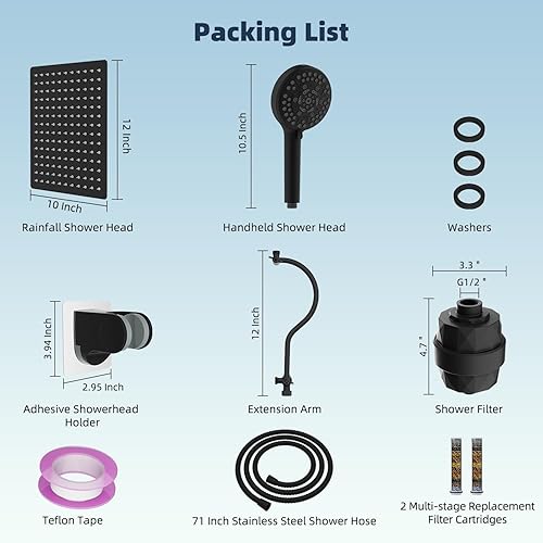 Miniatura 8 de Hibbent All Metal - Cabezal de ducha de 12 pulgadas con doble filtro, cabezal de ducha de mano de alta presión con brazo de extensión curvado