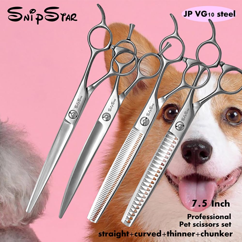 SnipStar 7.5 inch Professional Pet Scissors 4PCS Set Straight Curved Chunker and Thinning Shears,Sliver